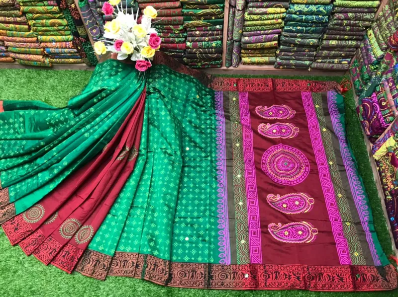 Women's Embroidered Block Print Saree in Dhupian Silk