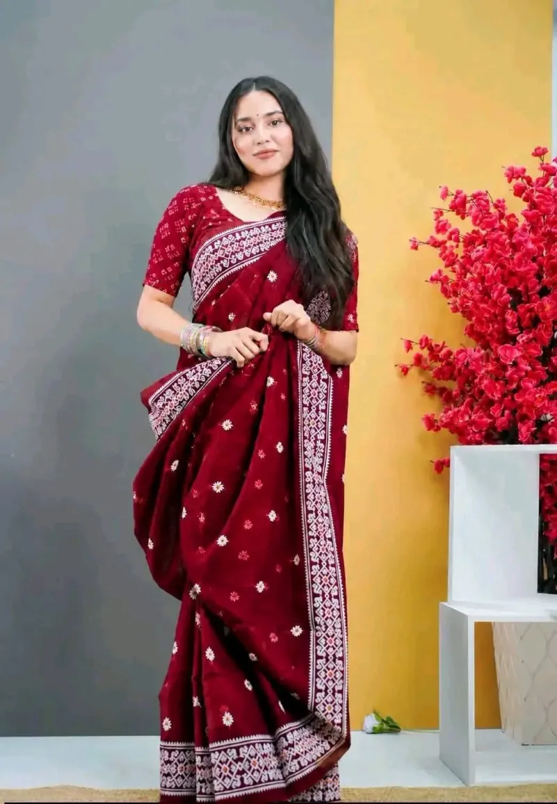 Half Silk Screen Print Saree with Jamdani Motifs, 6 Colours