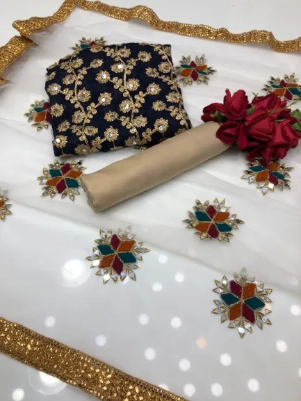 আধা সেলাই করা জর্জেট এমব্রয়ডারি থ্রি পিস, বডি 52 পর্যন্ত, 5 রং