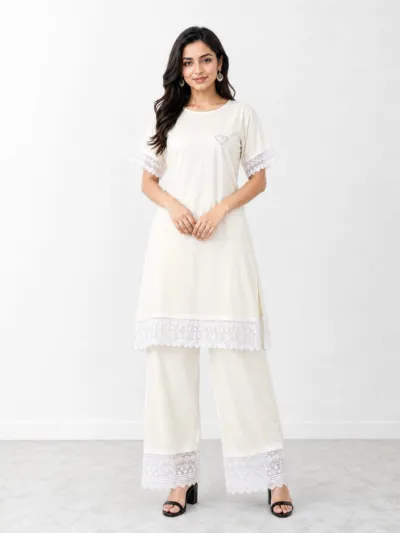 Women's Cotton Long T-Shirt and Pant Set with Lace Trim, Free Size