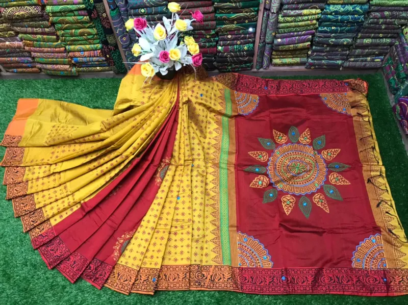 Women's Embroidered Block Print Saree in Dhupian Silk