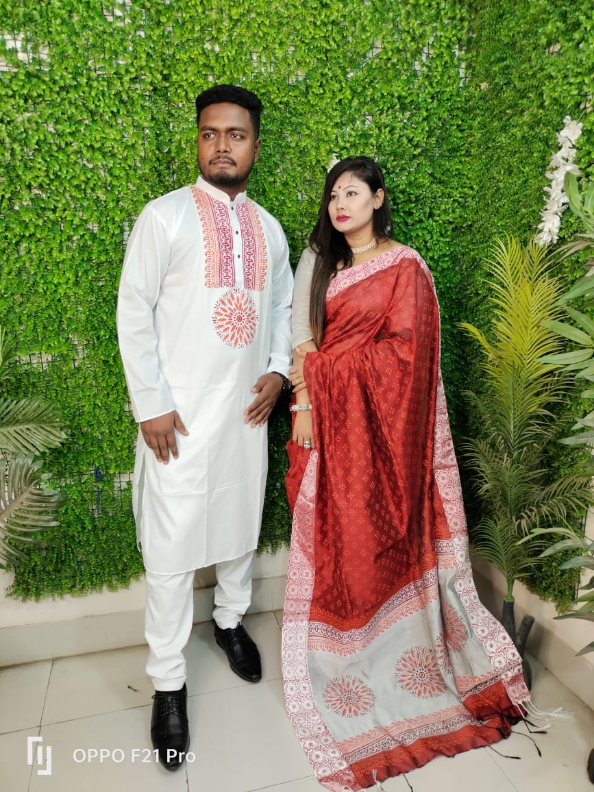 Dhupian Silk Couple Saree and Panjabi Set, Block and Screen Print