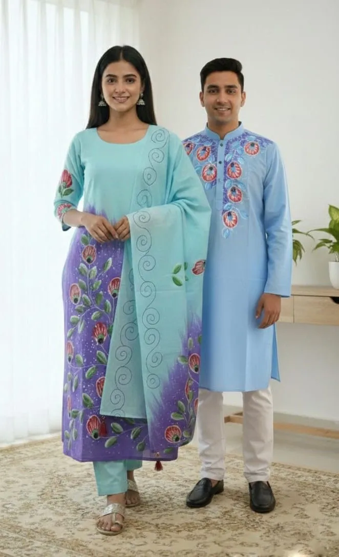 ম্যাচিং কাপল ড্রেস, আনস্টিচড থ্রি পিস ও পাঞ্জাবি 38 থেকে 46