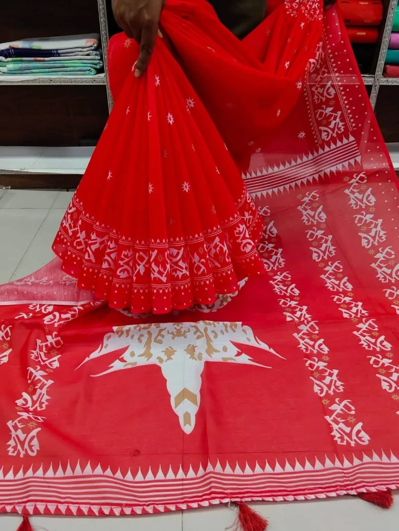 Chanderi Silk Saree with Printed Body and Border Work, Blouse Piece