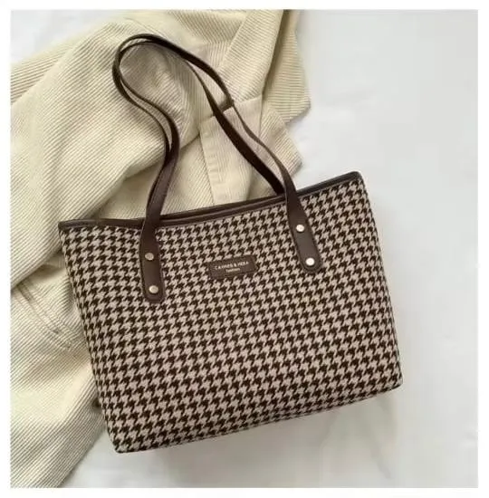 Women's Check Pattern Tote Bag with Zipper, 6 Colours