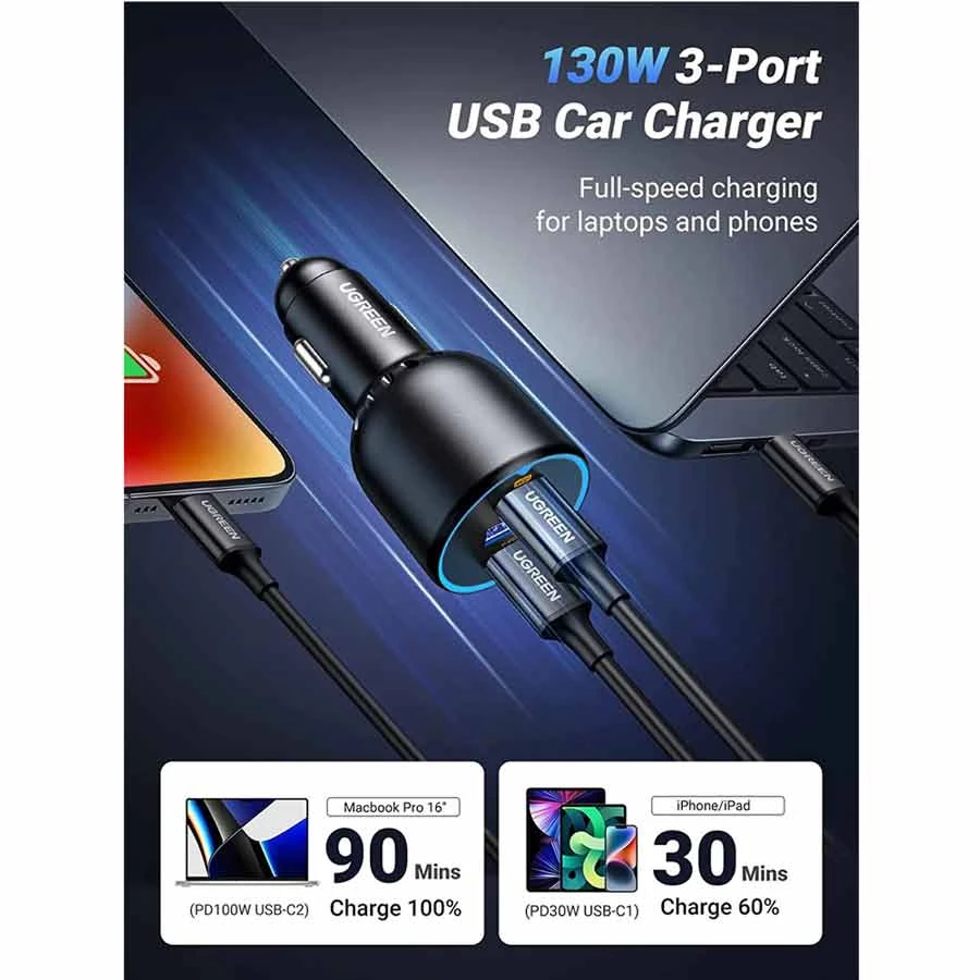 UGREEN EC705 130W USB-A & Dual USB-C Car Charger with USB-C Cable