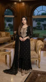 সিকুইন এমব্রয়ডারি কটন গারারা ড্রেস, লেস জর্জেট ওড়না