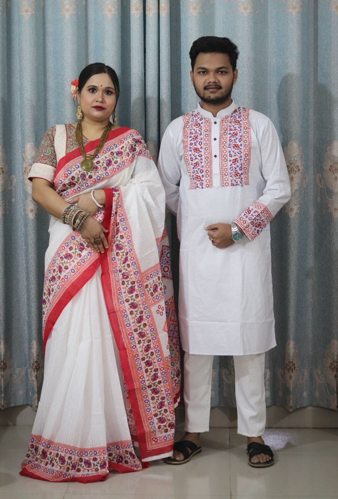 Couple Set of Half Silk Saree and Slub Cotton Panjabi, Sizes 38 to 46