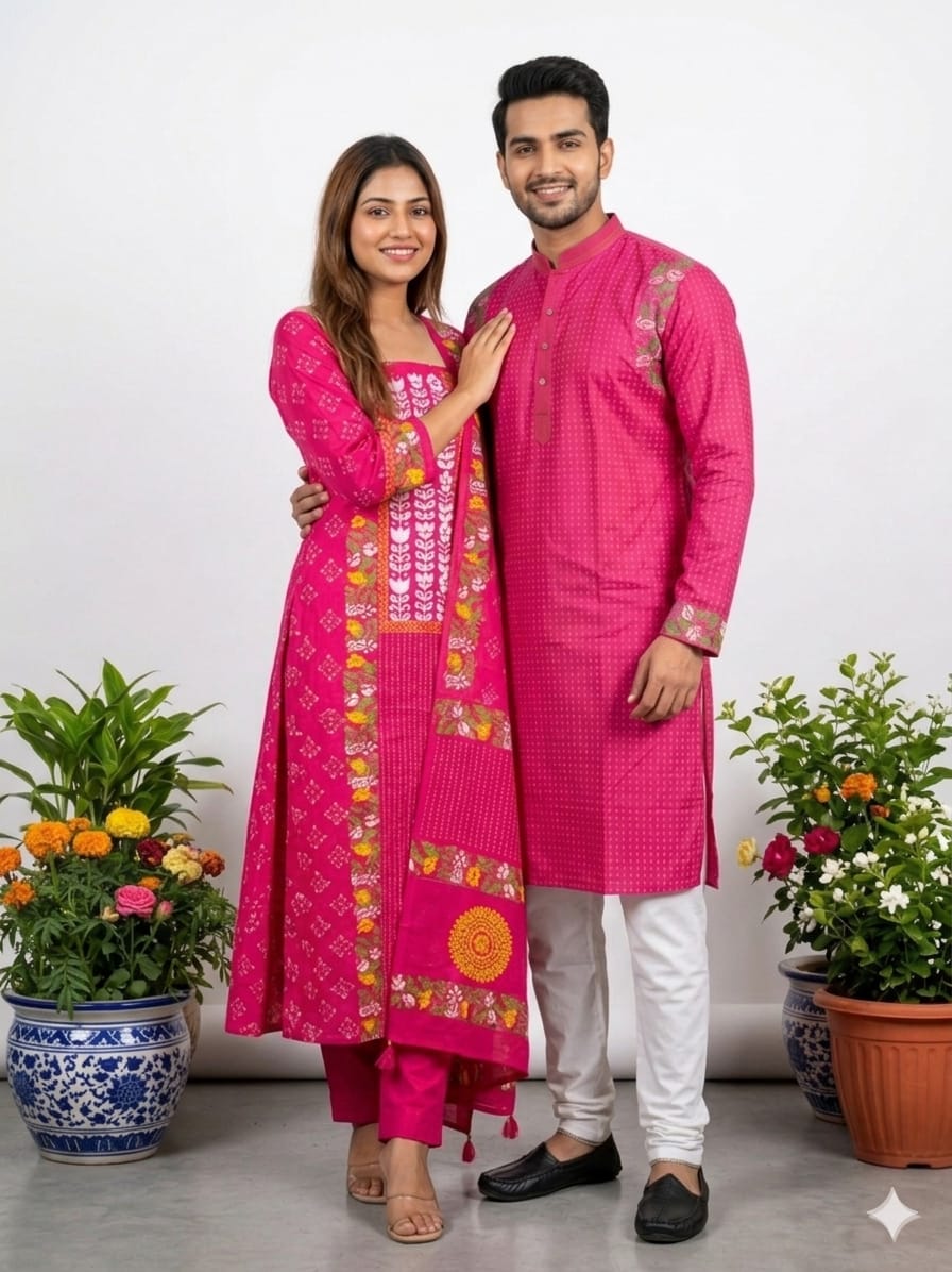 Couple Cotton Voile Three Piece and Dhupian Silk Panjabi Set