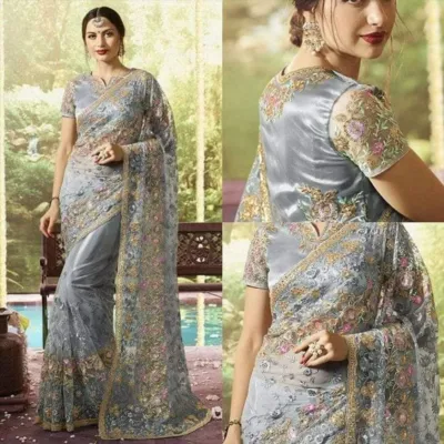 ফুল এমব্রয়ডারি জর্জেট শাড়ি, ব্লাউজ পিসসহ, 6 রং