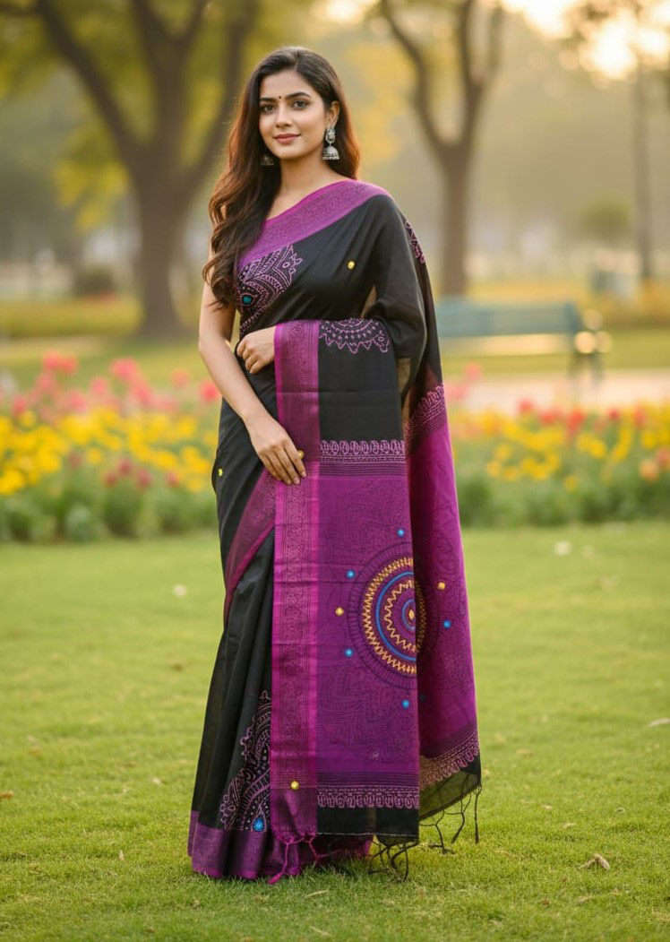 Embroidered Block Print Dhupian Silk Saree in 6 Colours