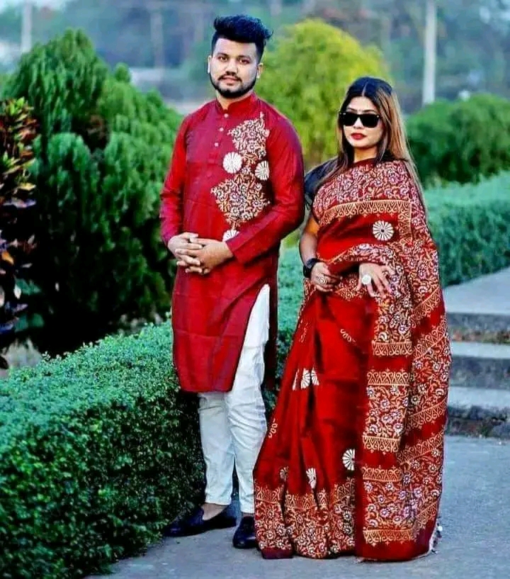 Block Print and Screen Print Saree Panjabi Set for Couples, 6 Colours