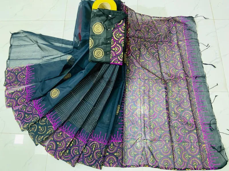 Block Print Couple Set, Dhupian Silk Saree and Panjabi, S to XL