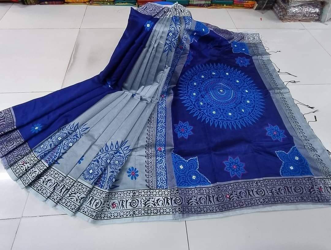 মহিলাদের ধুপিয়ান সিল্ক শাড়ি, ব্লক প্রিন্ট ও এমব্রয়ডারি