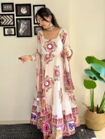 Women's Digital Print Gown Three Piece with Dollar Work, Full Sleeve