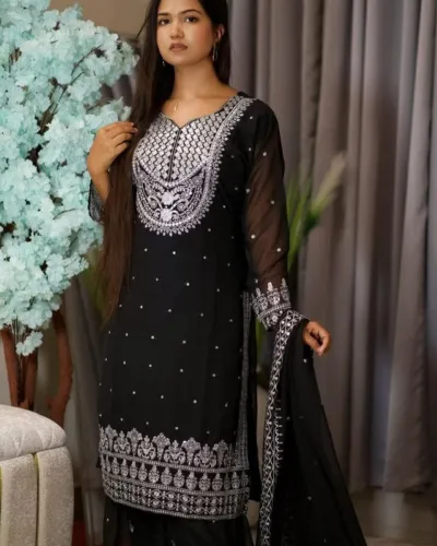 ওয়েটলেস জর্জেট এমব্রয়ডারি থ্রি পিস, সিকুইন ওয়ার্ক
