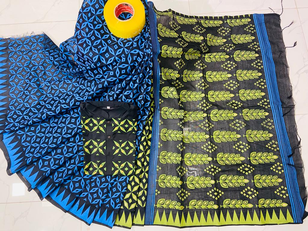 Dhupian Silk Couple Set, Screen Print Saree and Panjabi, S to XL