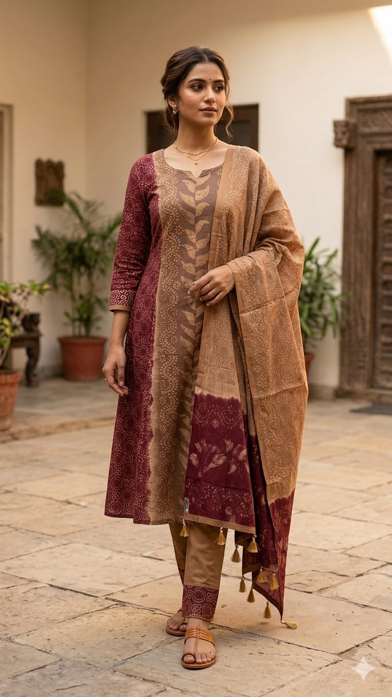 Unstitched Natural Silk Batik Three Piece with Cotton Orna
