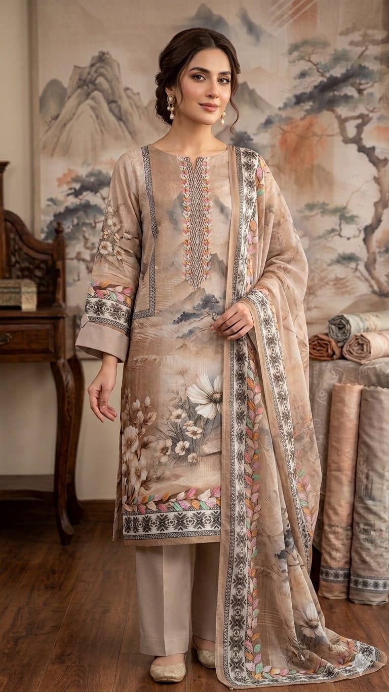 Unstitched Pure Cotton Digital Print Three Piece with Aari Work