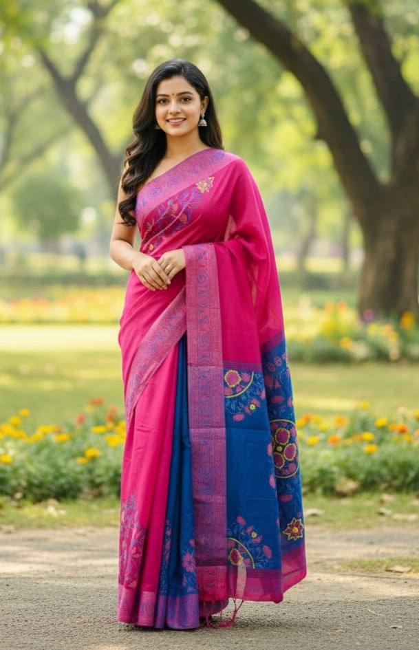 ব্লক প্রিন্ট ও এমব্রয়ডারির নকশি ধুপিয়ান সিল্ক শাড়ি