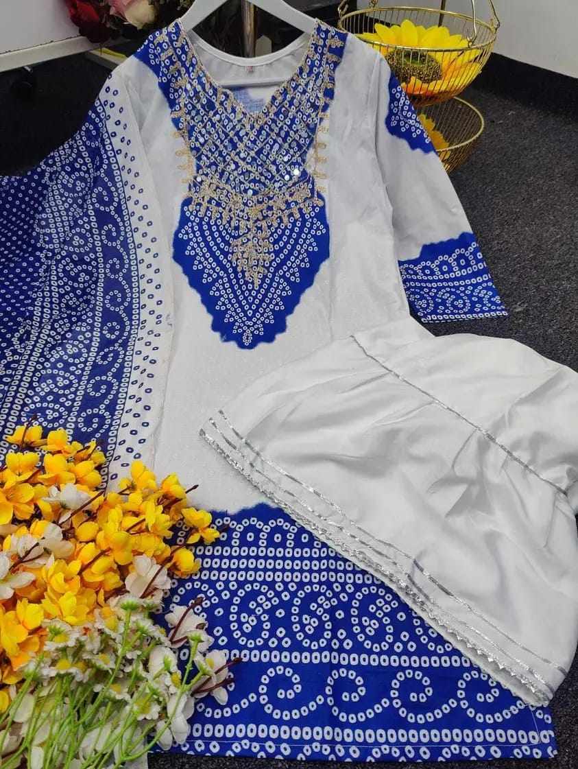 Gharara Ready Three Piece with Chandi Print and Zari Neck