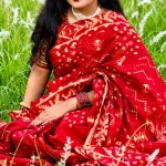 গাঢ় লাল ও সোনালি জরি ব্লক-প্রিন্ট কটন শাড়ি