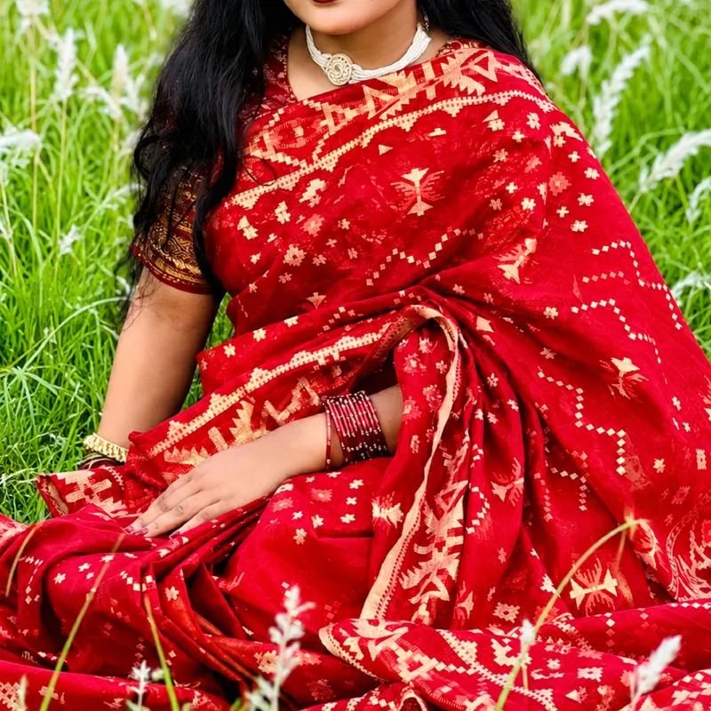 গাঢ় লাল ও সোনালি জরি ব্লক-প্রিন্ট কটন শাড়ি
