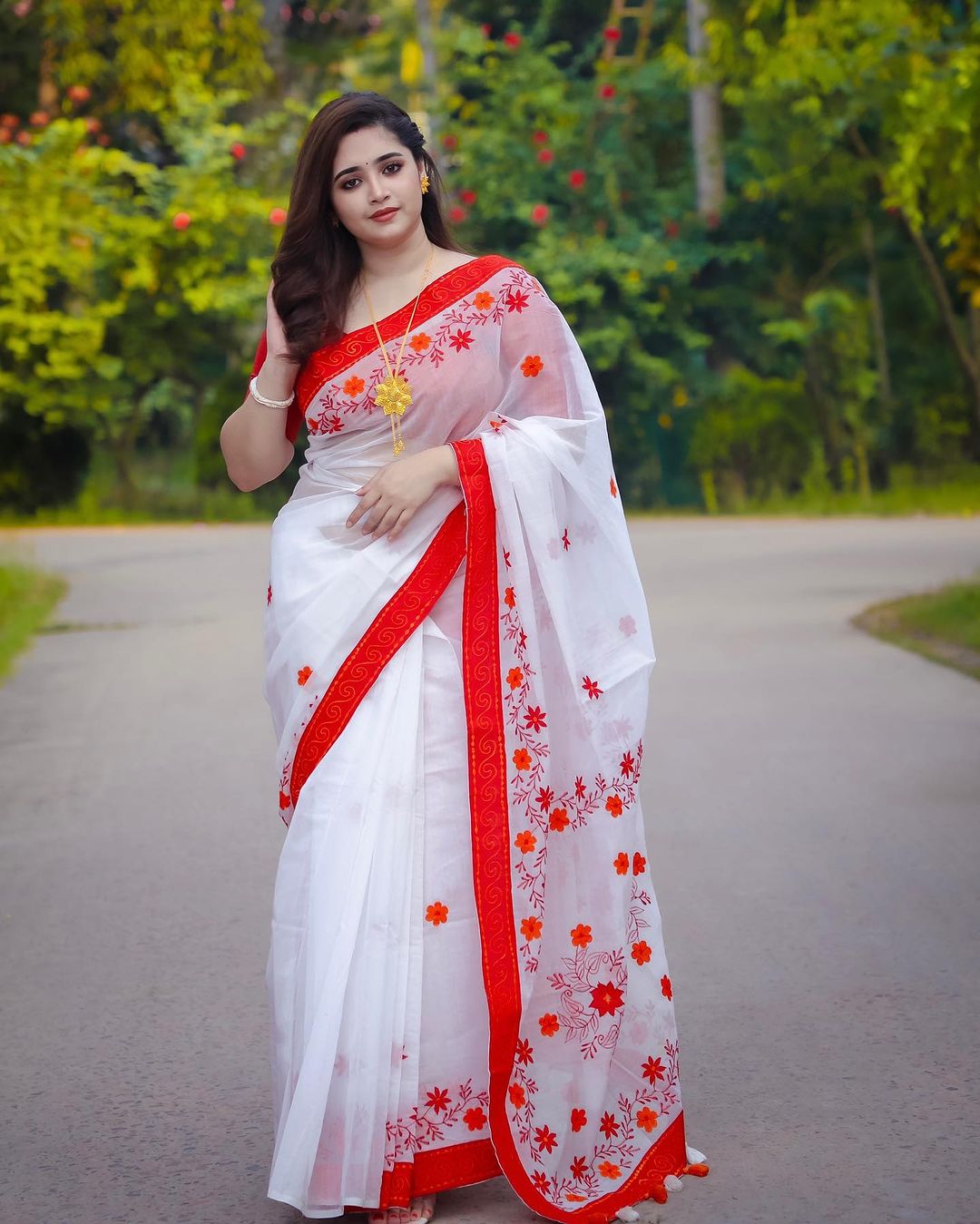 Screen Print Half Silk Saree with Tassel Anchal