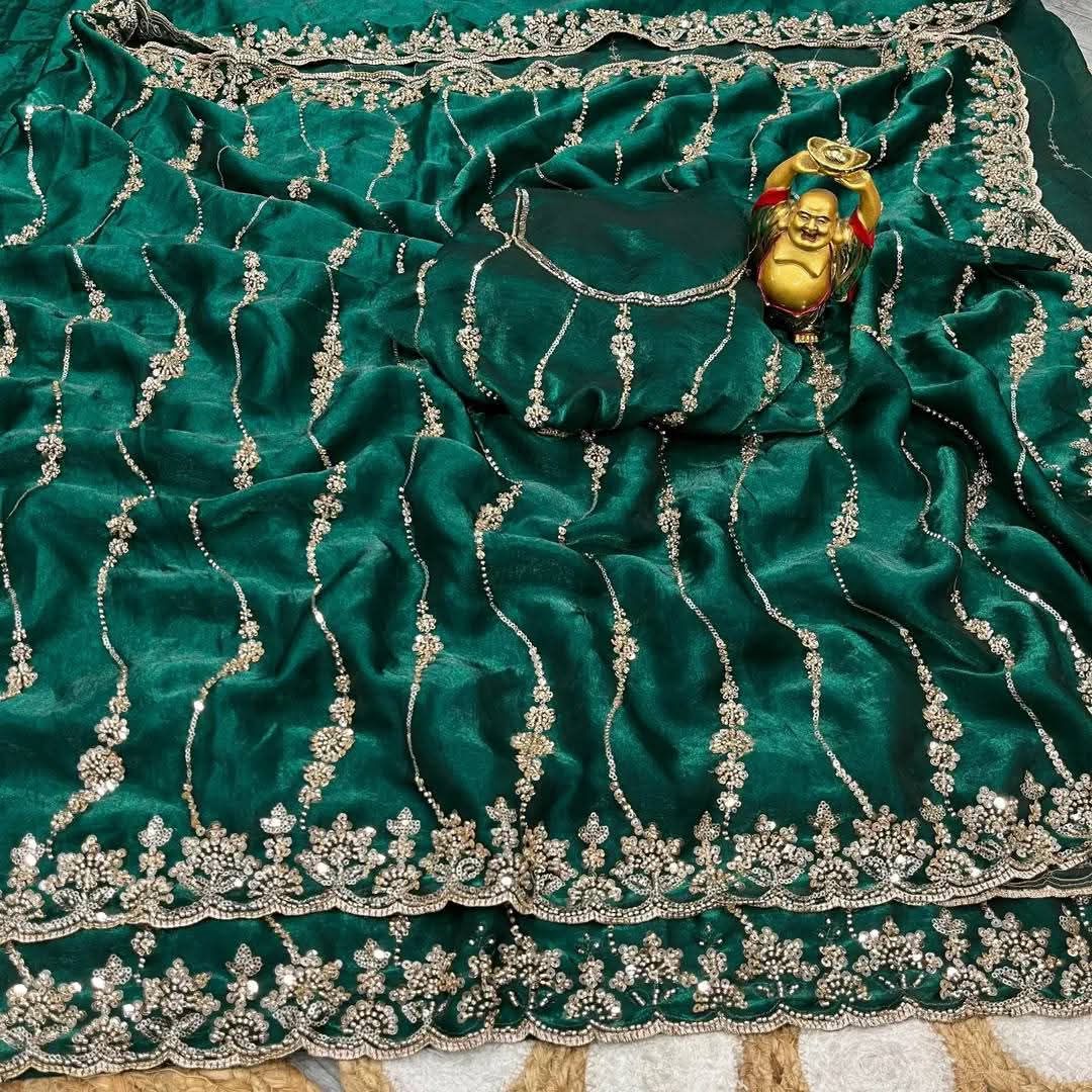 Women's Sequin Embroidered Silk Saree with Separate Blouse Piece