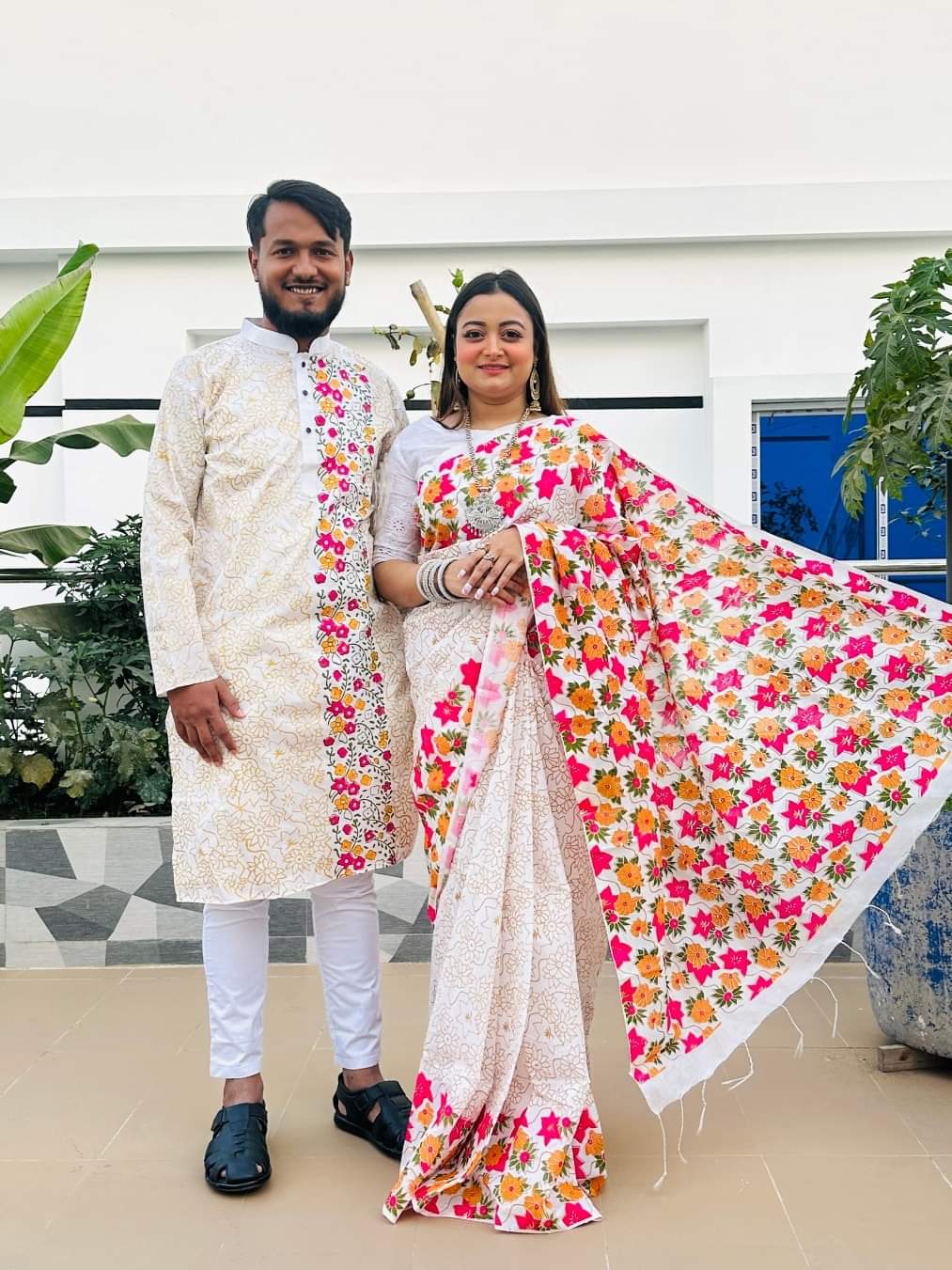 Block Print and Screen Print Saree Panjabi Set for Couples, 6 Colours