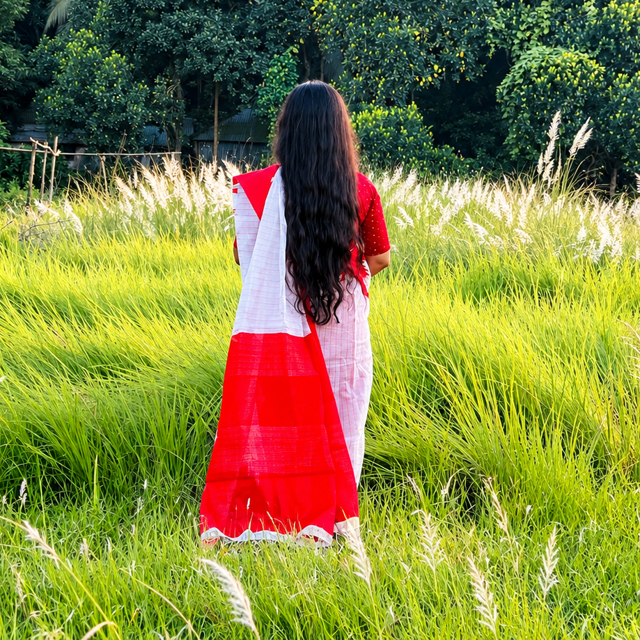 Traditional Red and White Cotton Handloom Saree (for Durga Puja)