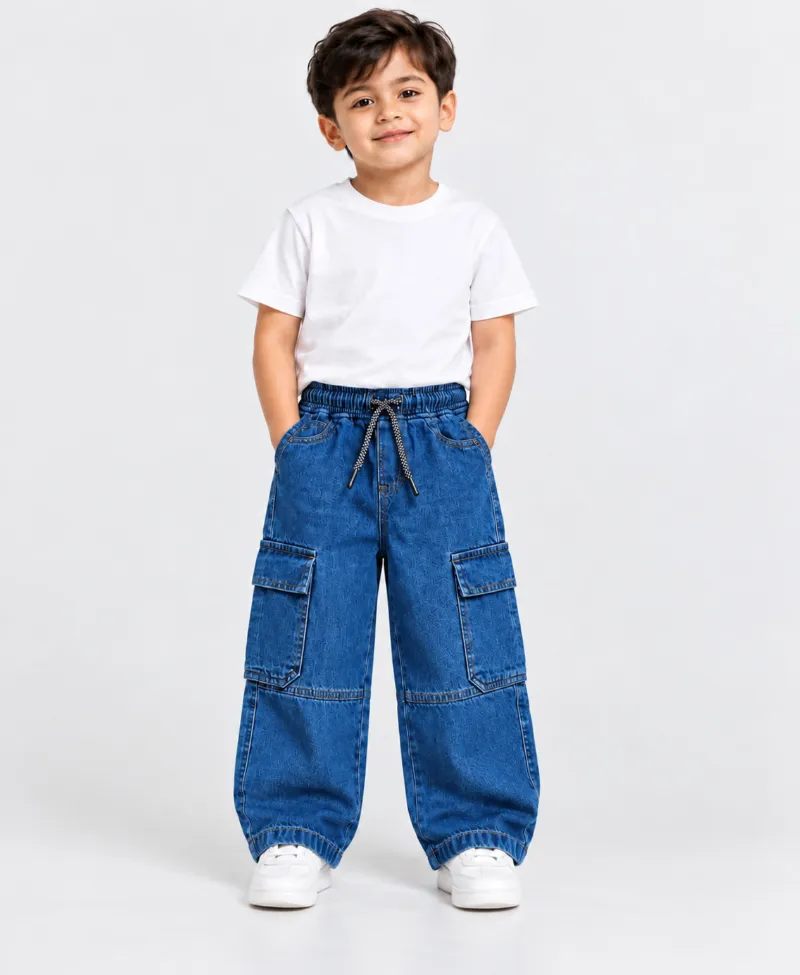 Boys' Six Pocket Denim Baggy Pant with Elastic Waist, 2 to 12 Years