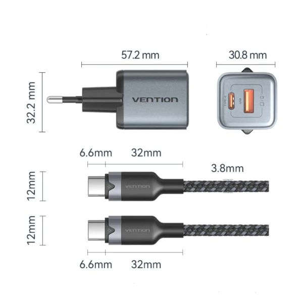 Vention 2-পোর্ট GaN চার্জার 30W USB-C + 18W USB-A, EU প্লাগ, 1M USB-C কেবলসহ