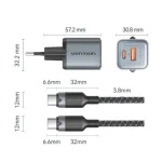 Vention 2-পোর্ট GaN চার্জার 30W USB-C + 18W USB-A, EU প্লাগ, 1M USB-C কেবলসহ