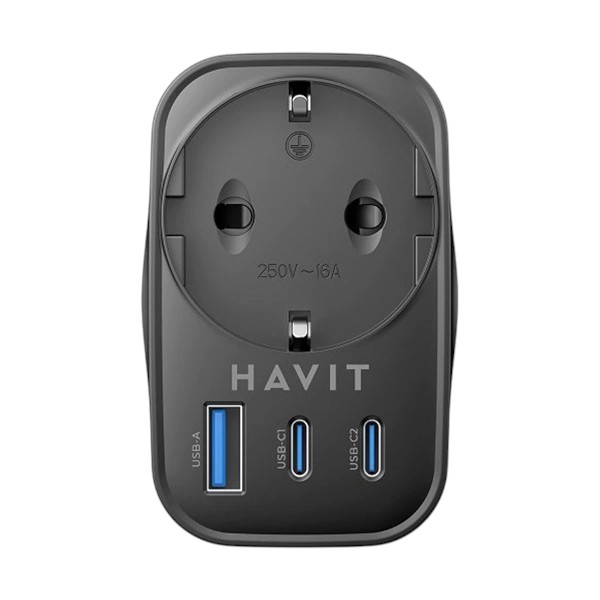 Havit UC142 GaN USB, ডুয়াল USB-C & AC আউটলেট 30W 4 ইন 1 ব্ল্যাক ট্র্যাভেল চার্জার