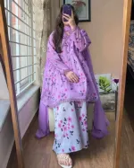 মেয়েদের পিওর কটন থ্রি-পিস, গোল্ডেন আফসান প্রিন্ট ও লেস