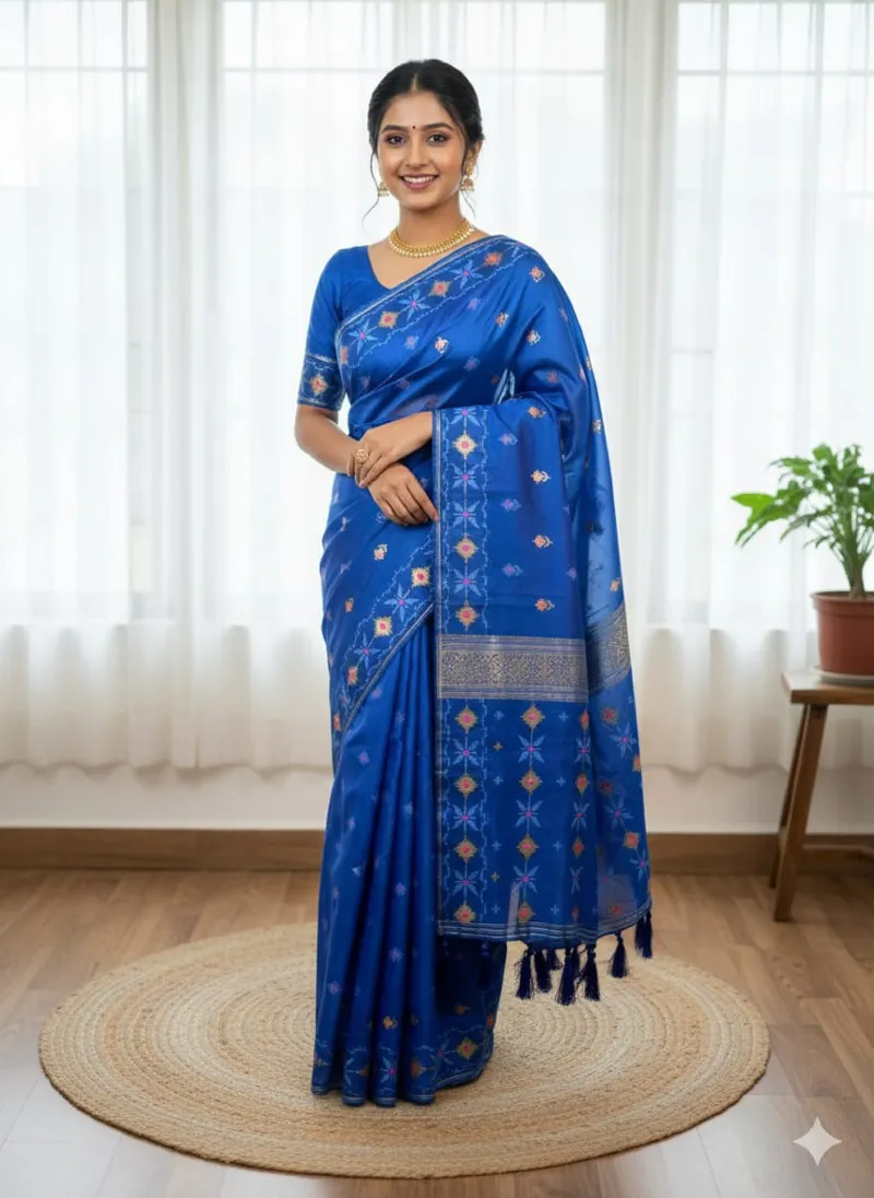 Light Half Silk Saree with All-Over Jamdani Print, 6 Colours