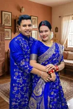 Screen Print Silk Saree and Block Print Panjabi Couple Set