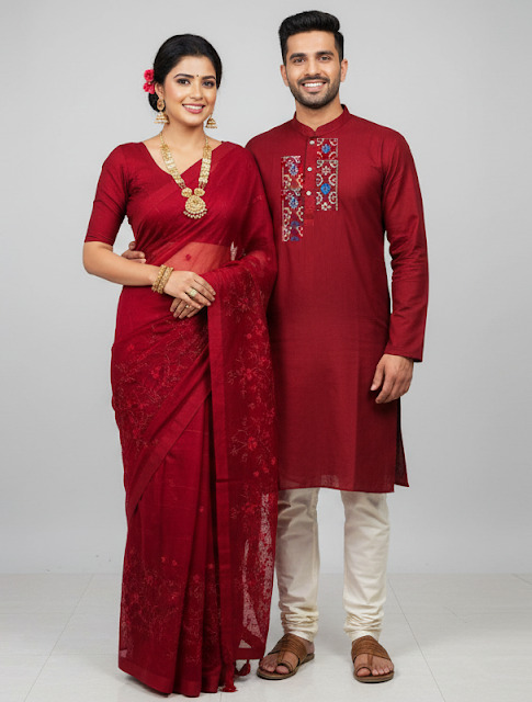 Couple Set: Embroidered Half Silk Saree and Slub Cotton Panjabi