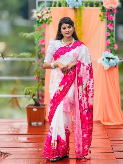 প্রিন্টেড পাড়ের চান্দেরি সিল্ক ফুলের প্রিন্ট শাড়ি, 5 রং