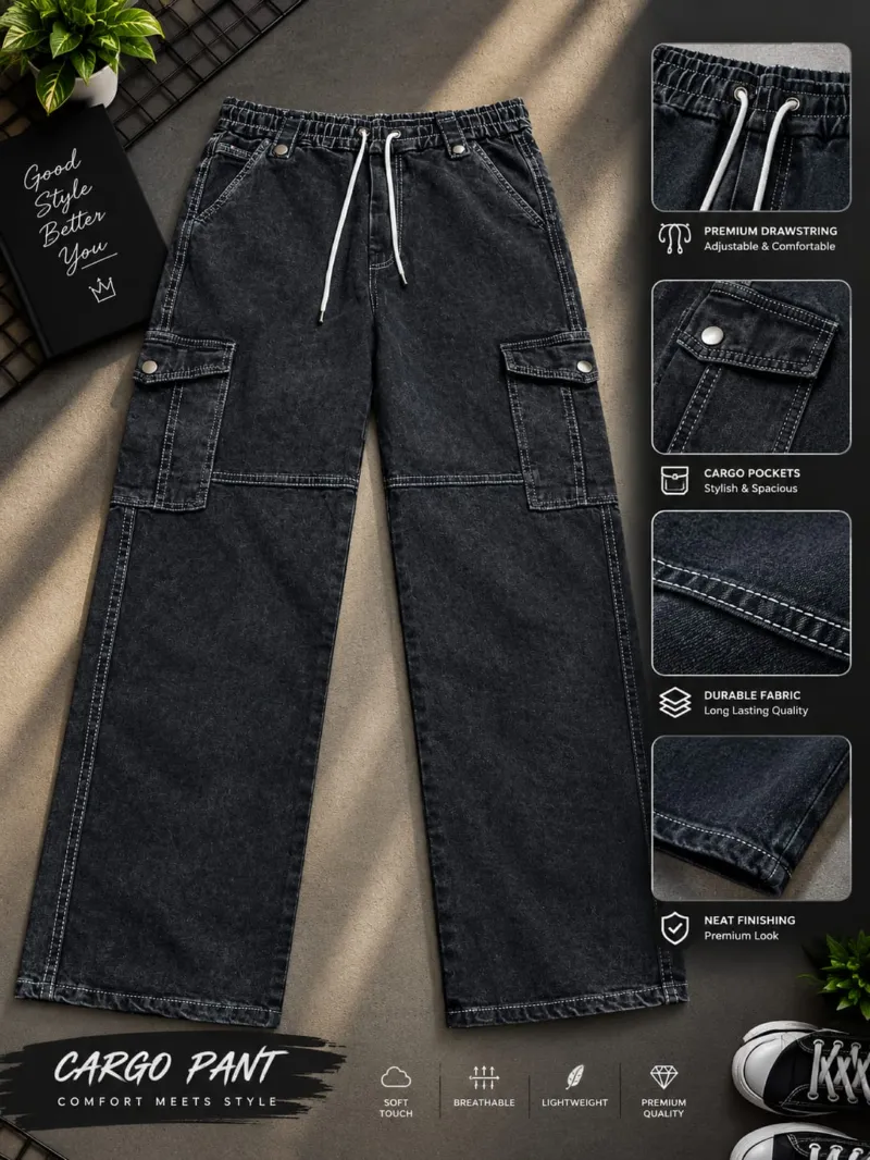 Men's 6 Pocket Baggy Cargo Denim Pant with Drawstring Waist