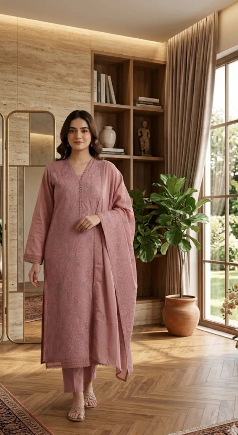 সিকুইন ও লেজার কাট কাজের আনস্টিচড কটন থ্রি পিস