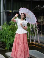 Women's Cotton Tops and Skirt Set with Lace Work and Check Print