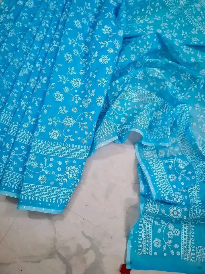 Glitter Screen Print Half Silk Saree, 12 Haath, No Blouse