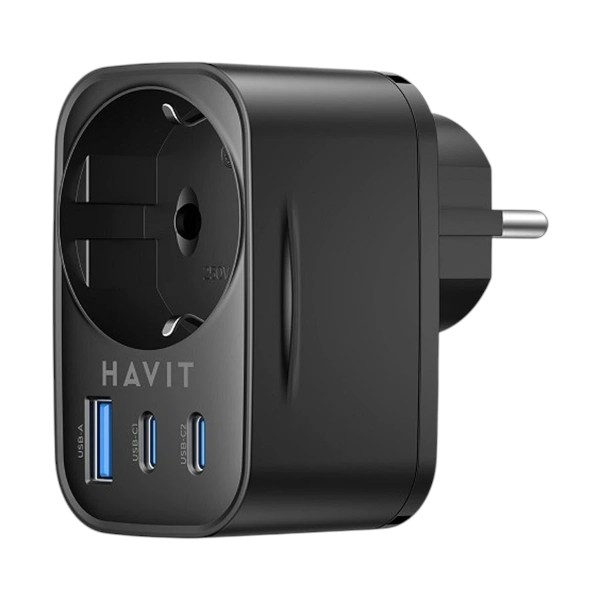 Havit UC142 GaN USB, ডুয়াল USB-C & AC আউটলেট 30W 4 ইন 1 ব্ল্যাক ট্র্যাভেল চার্জার