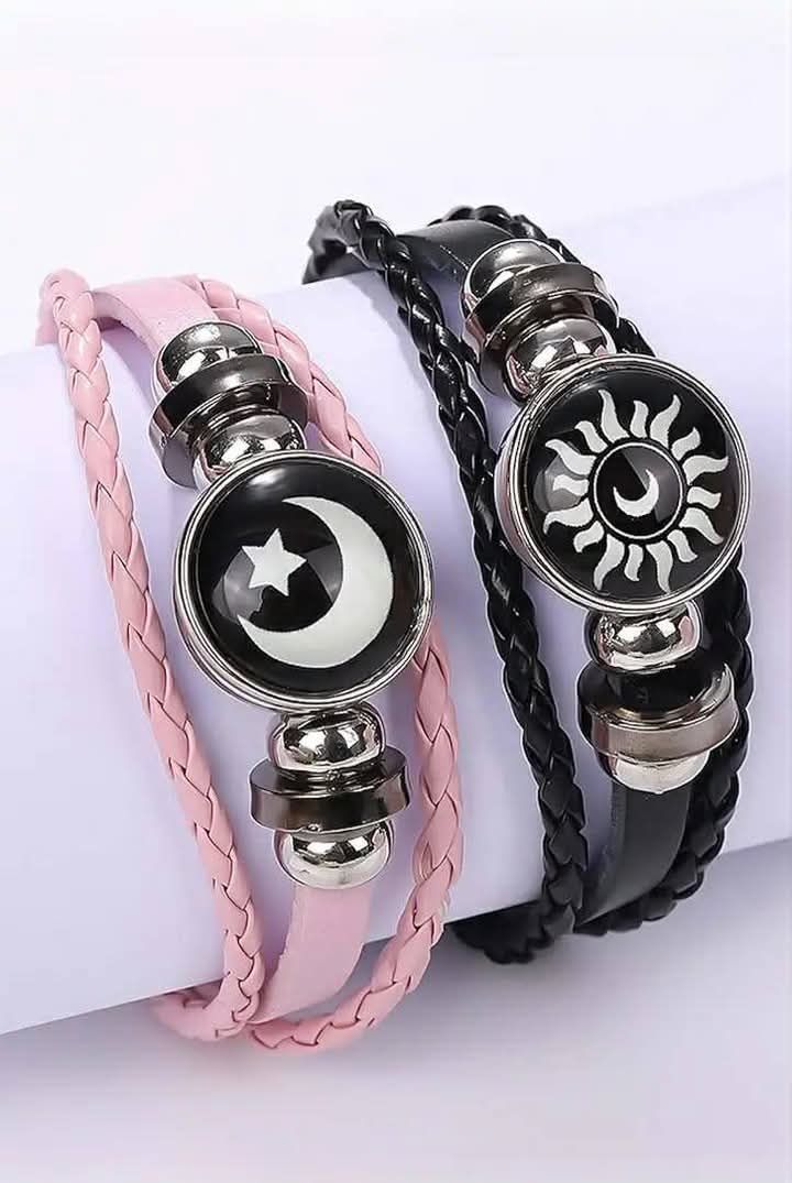Sun and Moon Couple Bracelet Set, Leather with Metal Finish
