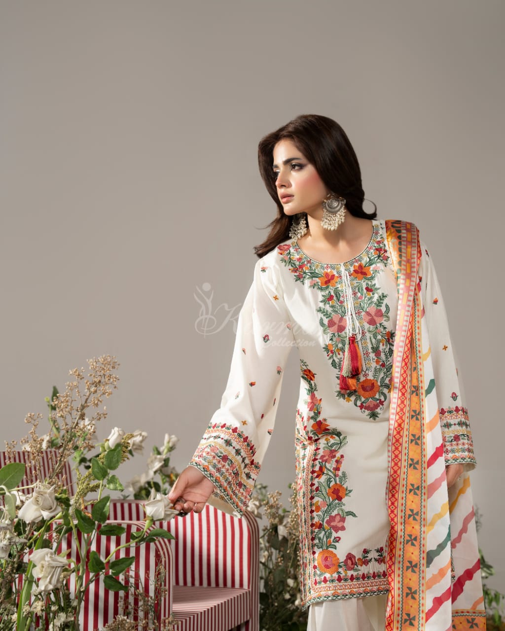 White Cotton Floral Embroidery Three Piece with Printed Orna