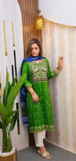 লিনেন থ্রি পিস, স্ক্রিন প্রিন্ট ও স্টোন ওয়ার্ক, 40 থেকে 44 সাইজ