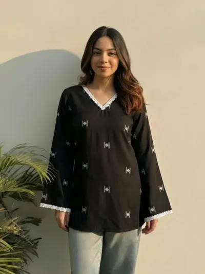 Women's Cotton One Piece Kurti with Lace, Free Size up to 44