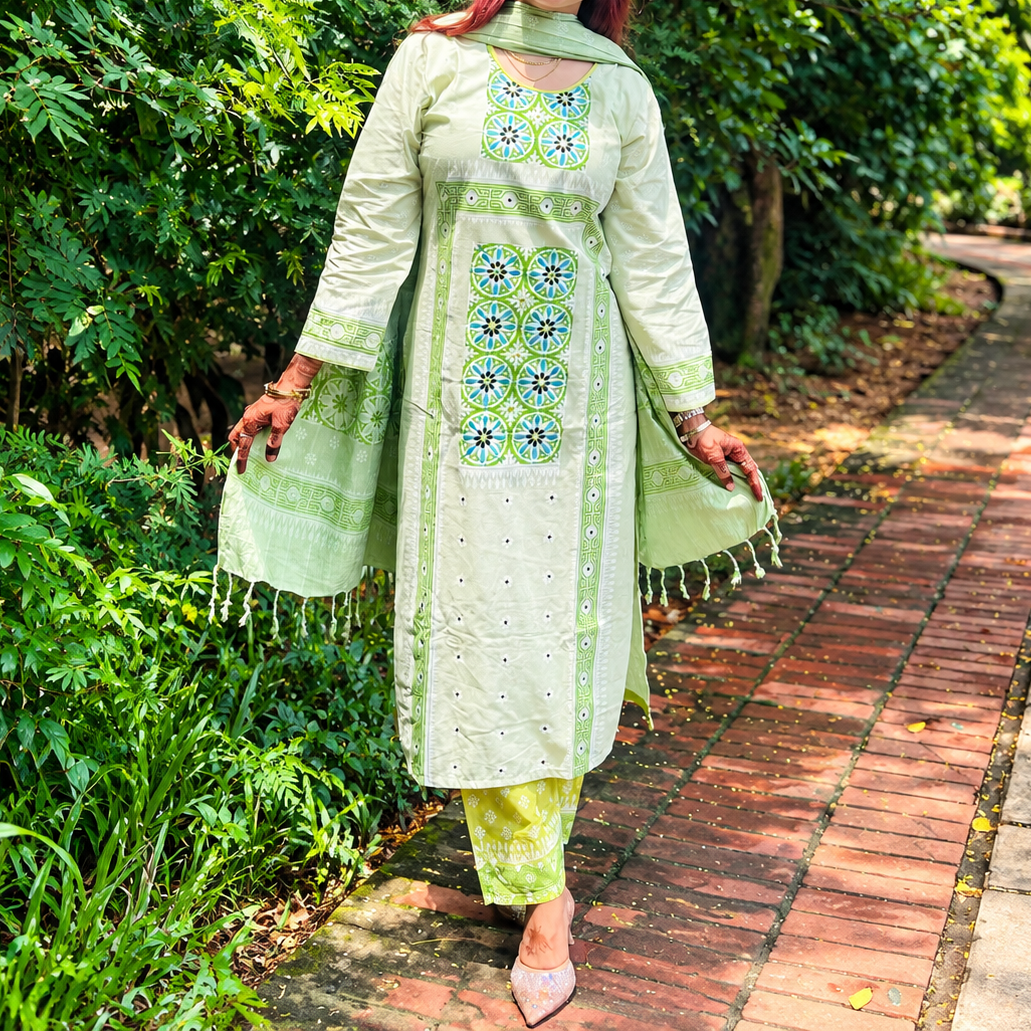 Premium Aarong Cotton Readymade Three-Piece Collection with Sequins and Mirror Work